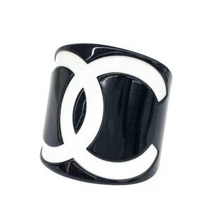 Authentic CHANEL CC Logo 01P Vintage Bracelet Cuff Bangle Black White Wide